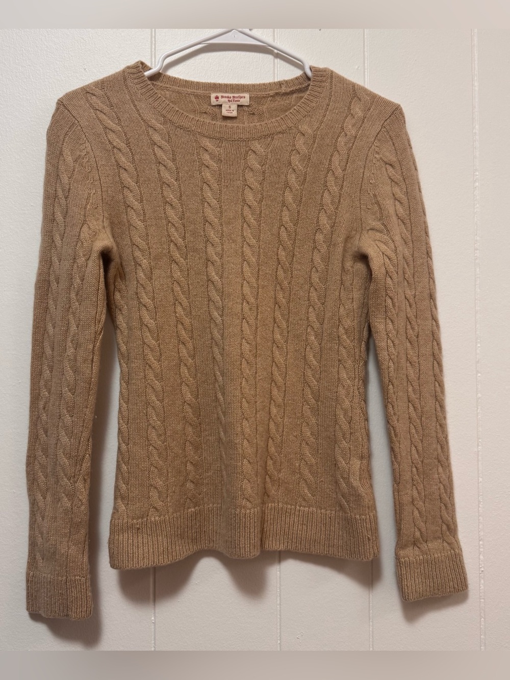 Brooks Brothers red fleece camel/tan Cashmere Cable Knit Crewneck Sweater Small